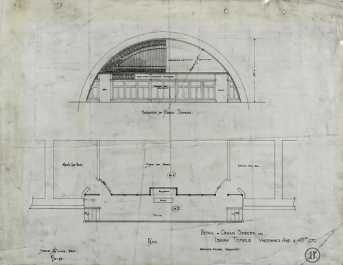 Isaiah Temple, Chicago, Illinois, Organ Screen Plan and Elevation by Dankmar Adler, drawing, 1898