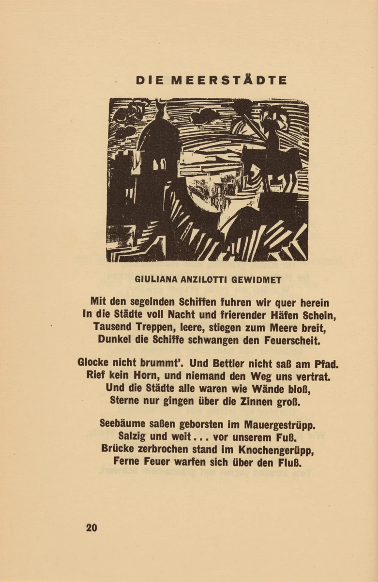 Die Meerstädte (The Sea Cities) (headpiece, page 20) from Georg Heym: Umbra Vitae (Georg Heym: The Shadow of Life) by Ernst Ludwig Kirchner, volume, 1924