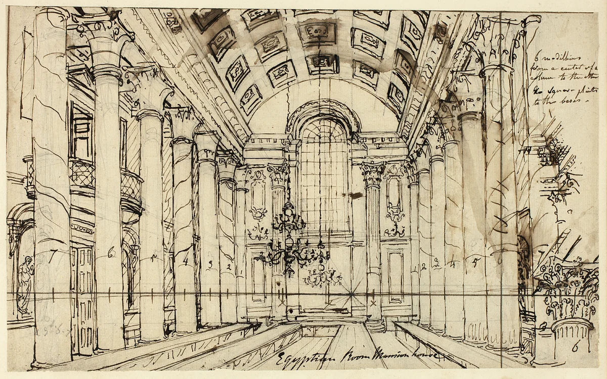 Study for Egyptian Hall Mansion House, from Microcosm of London by Augustus Charles Pugin, drawing, 1807-1809