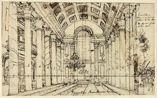 Study for Egyptian Hall Mansion House, from Microcosm of London by Augustus Charles Pugin, drawing, 1807-1809