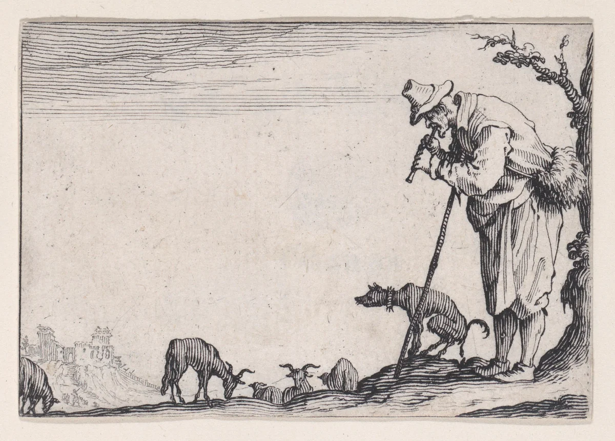 Le Berger Jouant de la Flute (The Shepherd Playing the Flute), from "Les Caprices" Series A, The Florence Set by Jacques Callot, print, 1617
