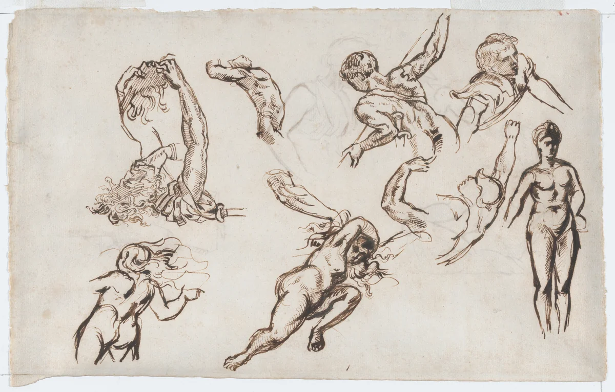Eight Studies of Nude Figures (recto); Figure Studies from the Antique and a Caricature (verso) by Eugène Delacroix, drawing, 1817-1830