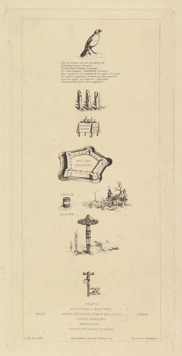 Rebus: Béranger was not really strong, for he never had the key to the fields by Charles Meryon, print, 1863