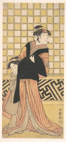 Wakayama Tomisaburo as a Woman in a Yellow and Red-Brown Striped Kimono by Katsukawa Shun'ei (勝川春英), print, 1788-1808