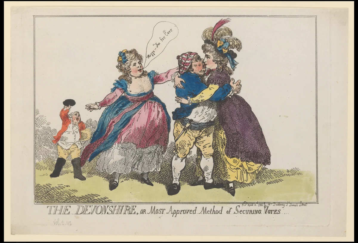 The Devonshire, or Most Approved Method of Securing Votes by Thomas Rowlandson, print, 1784