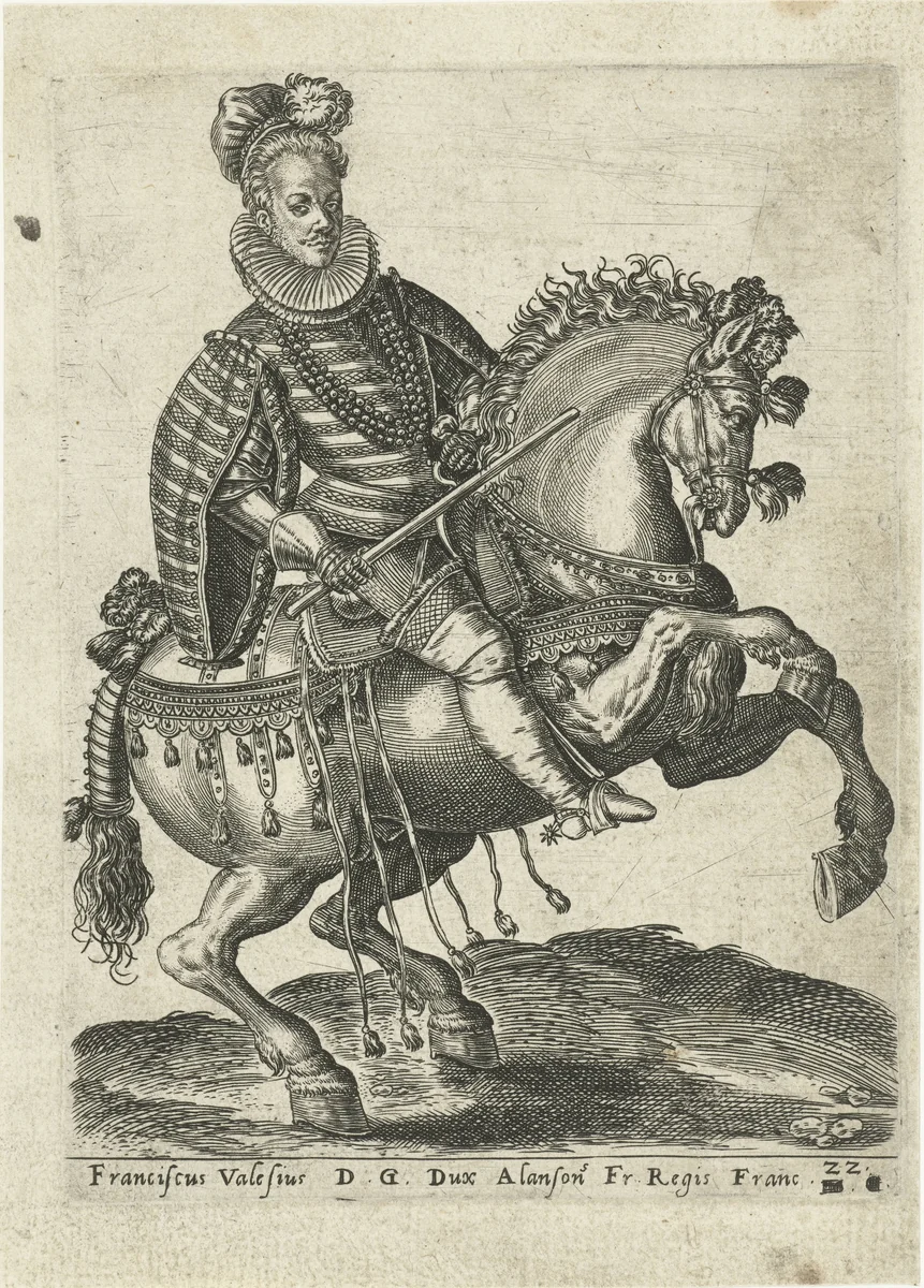 Portret van François, hertog van Anjou te paard by Unknown, print, 1577