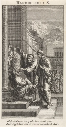 Peter and John heal a paralyzed man at the temple gate by anonymous, print, 1712