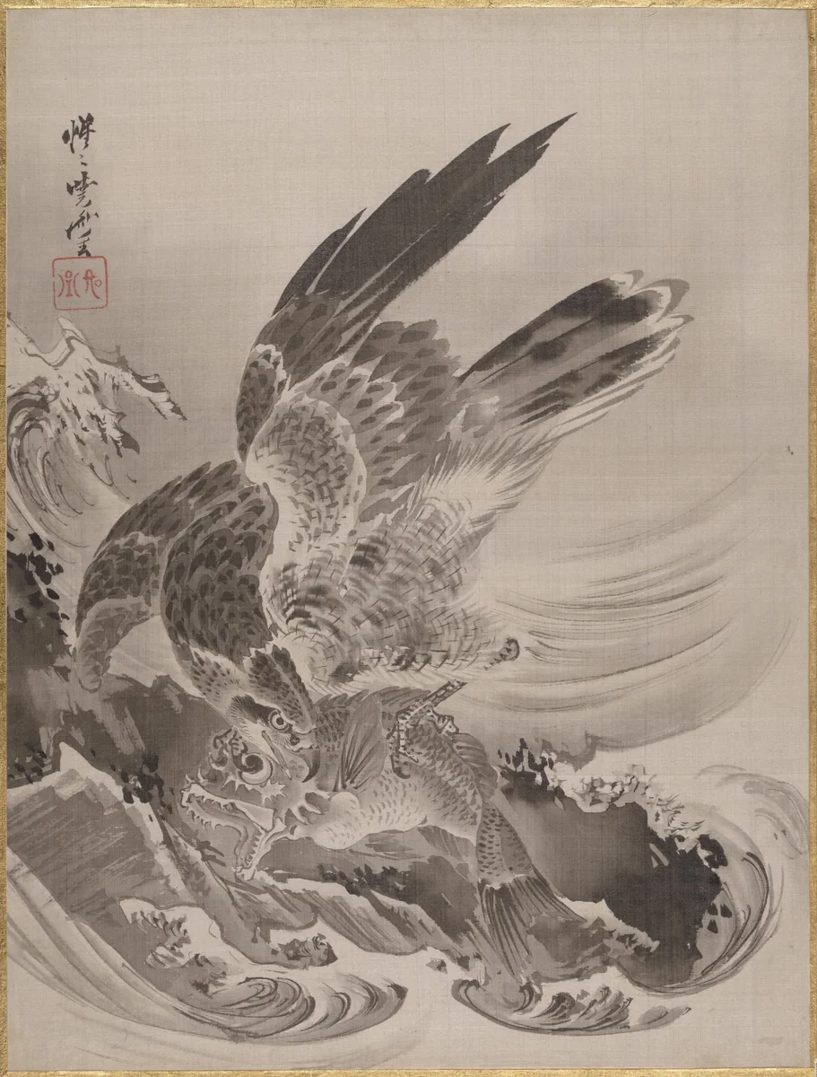 Eagle Attacking Fish by Kawanabe Kyōsai (河鍋暁斎), painting, 1877-1897