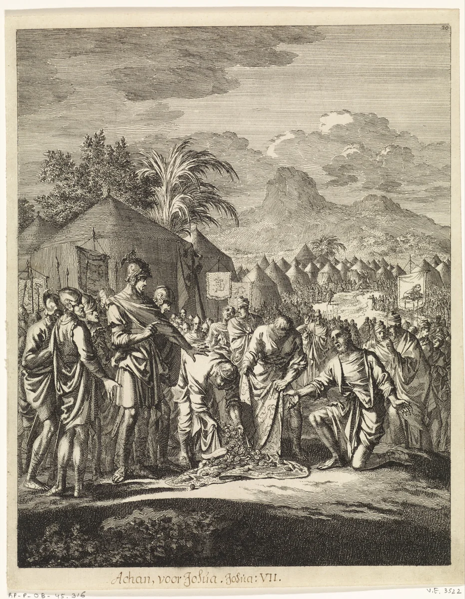 Achan voor Jozua by Jan Luyken, print, 1708