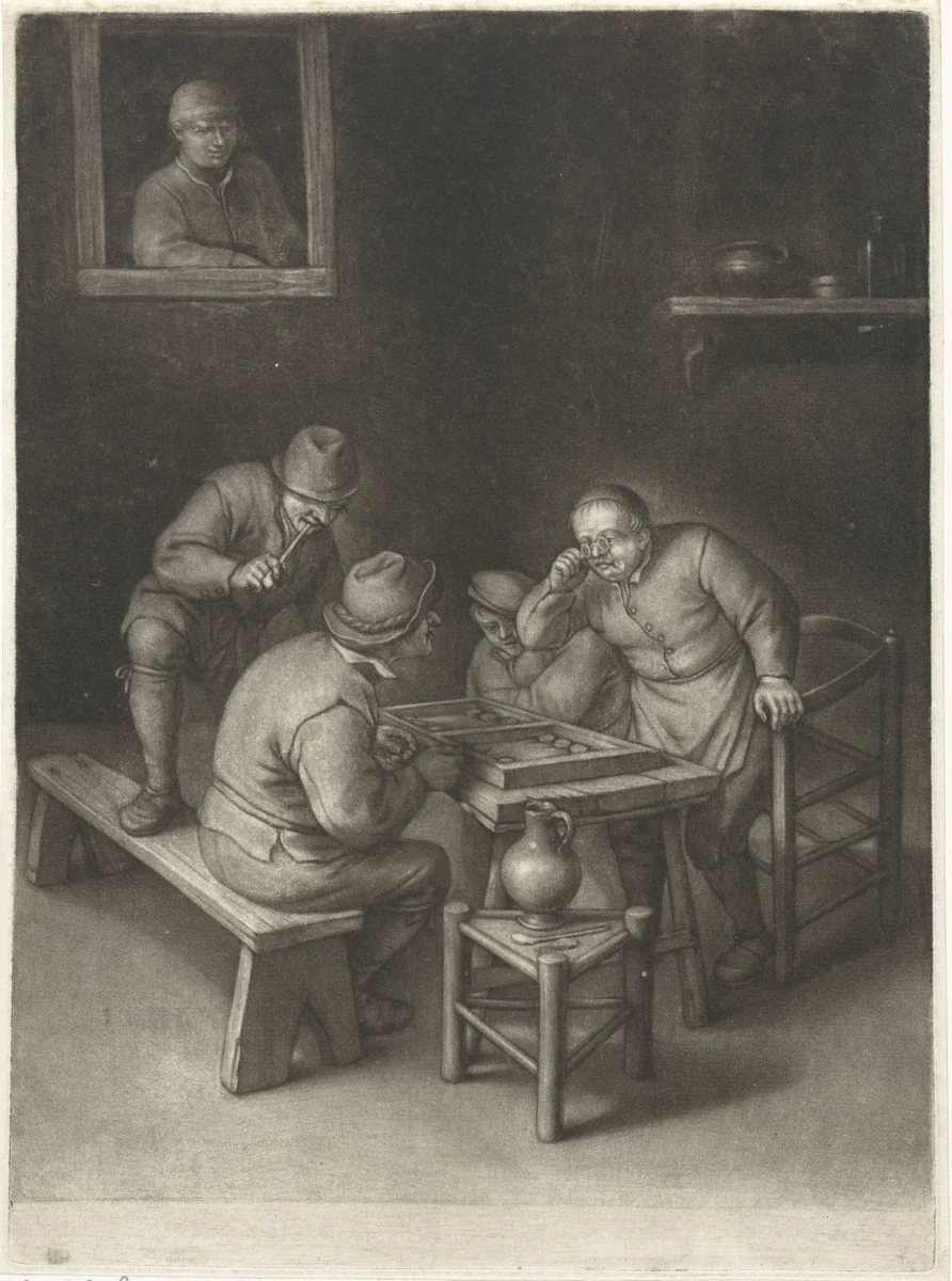 Herberg met triktrakspelers by Jacob Gole, print, 1670-1724