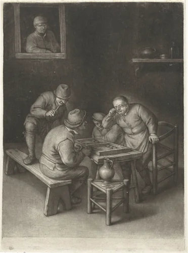 Herberg met triktrakspelers by Jacob Gole, print, 1670-1724