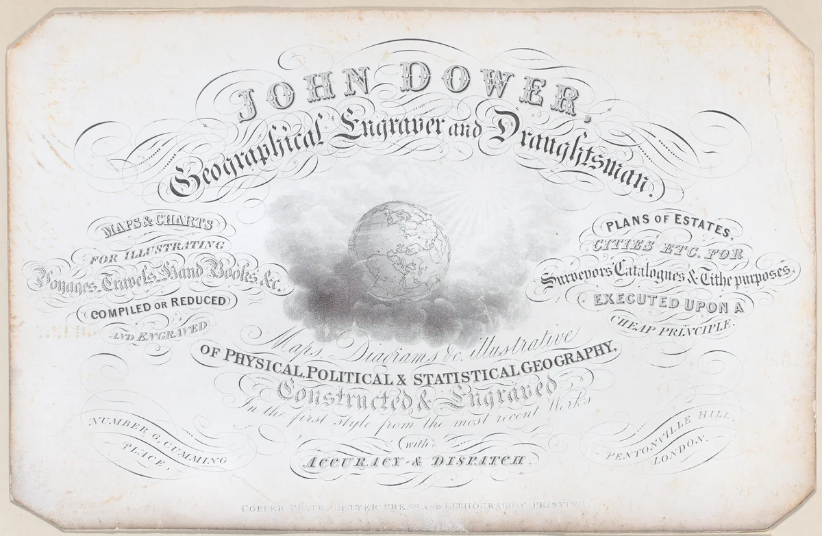 Trade card for John Dower, geographical engraver and draughtsman by anonymous, print, 1800-1900