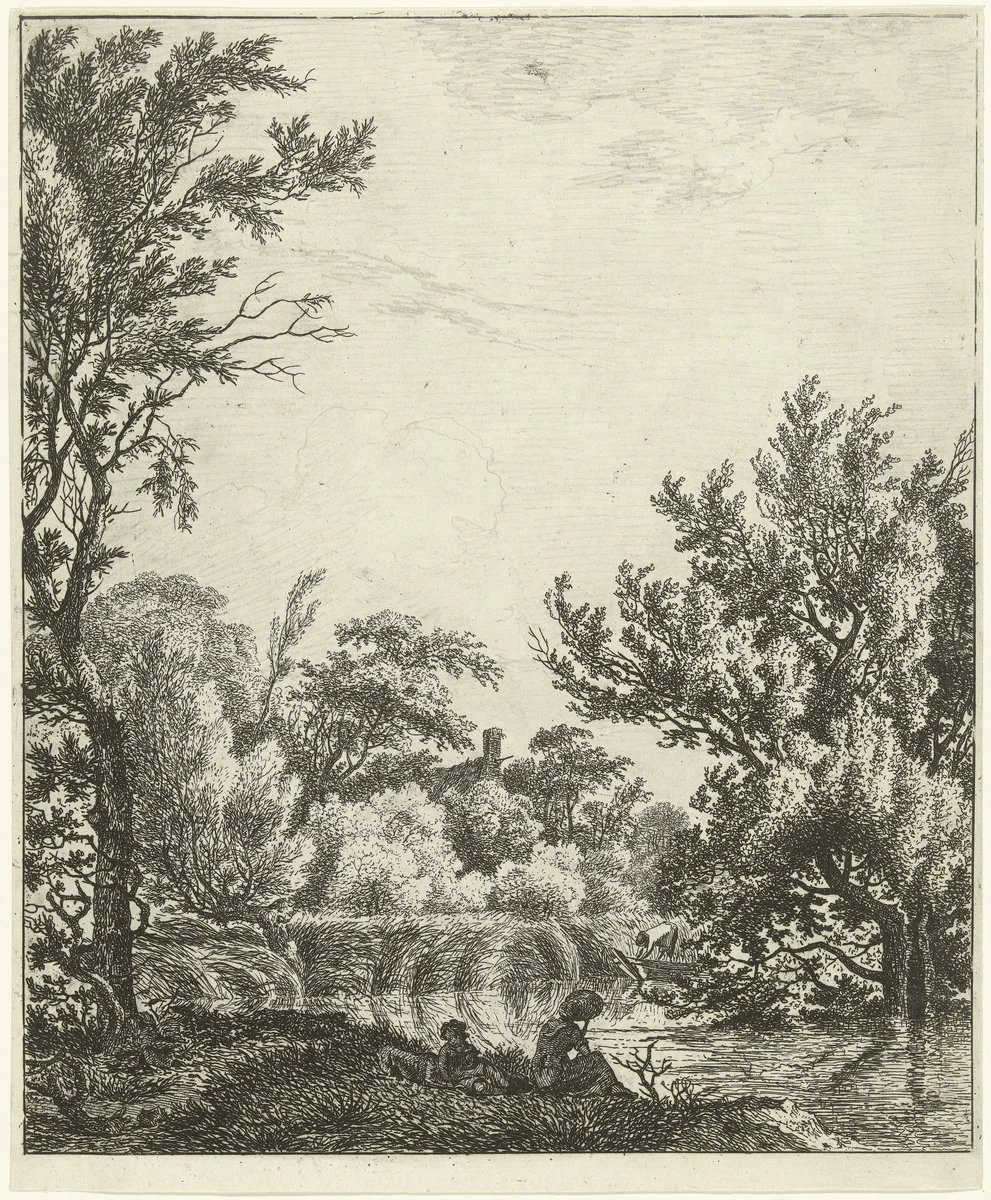 Landschap met vrouw aan waterkant by Hermanus Fock, print, 1781-1822
