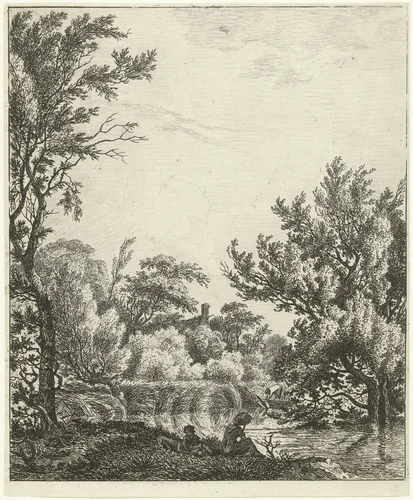 Landschap met vrouw aan waterkant by Hermanus Fock, print, 1781-1822