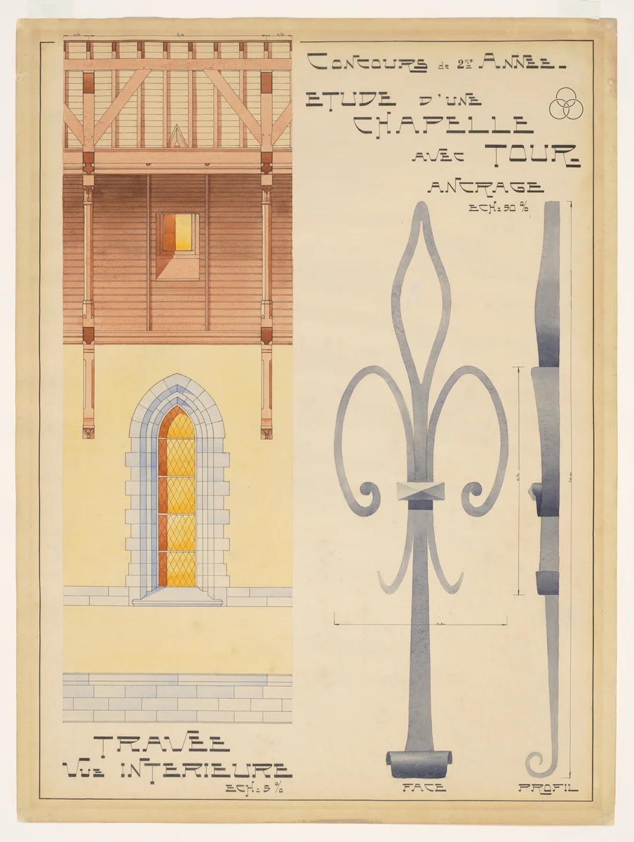 Second Year Competition Drawing for a Chapel with a Tower by R. de Clerck, drawing, 1895-1905