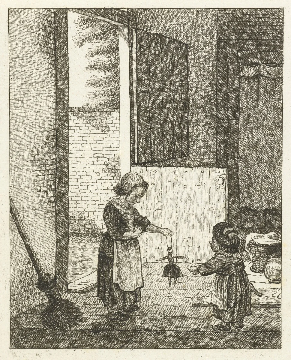 Twee meisjes spelend met een pop by Pieter de Mare, print, 1779