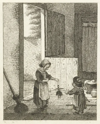 Twee meisjes spelend met een pop by Pieter de Mare, print, 1779