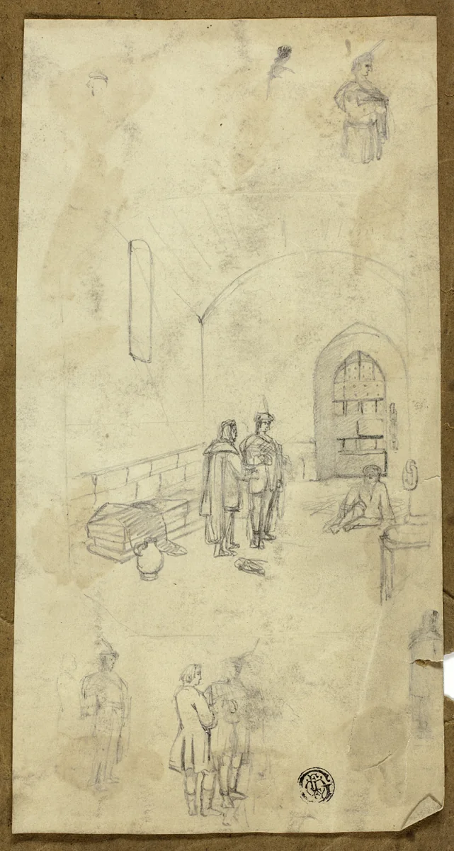 Scene in Prison Cell with Sketches of Other Figures by Unknown Artist, drawing, 1800-1899