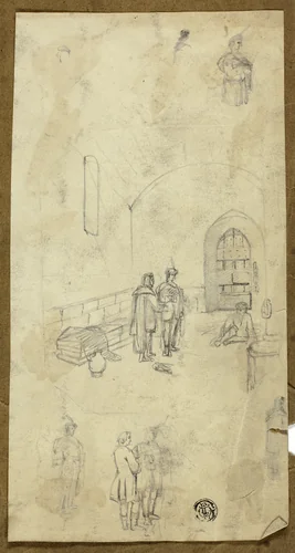 Scene in Prison Cell with Sketches of Other Figures by Unknown Artist, drawing, 1800-1899