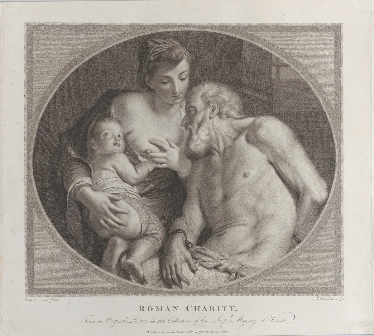 Roman Charity, with Pero, holding a small child, offering her right breast to the shackled Cimon by Michele Benedetti, print, 1792