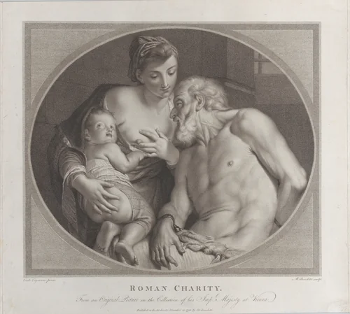 Roman Charity, with Pero, holding a small child, offering her right breast to the shackled Cimon by Michele Benedetti, print, 1792
