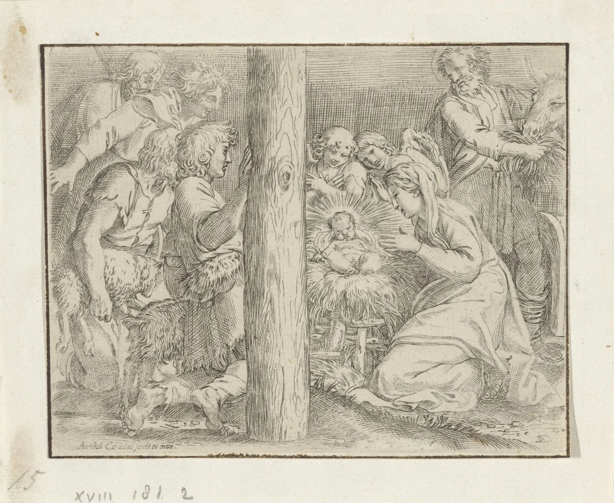 Aanbidding door de herders by Annibale Carracci, print, 1606