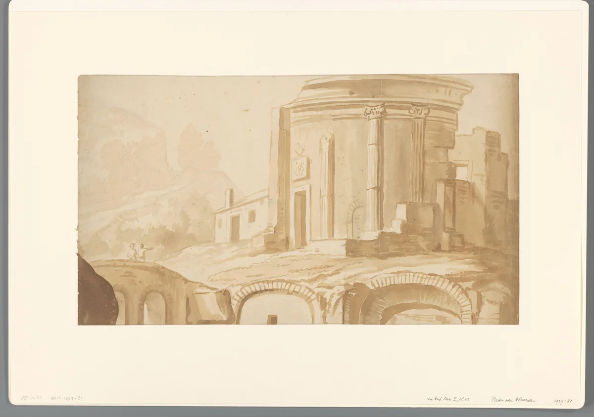 Italiaans landschap met ruïne van tempel by Pieter van Bloemen, drawing, 1667-1720
