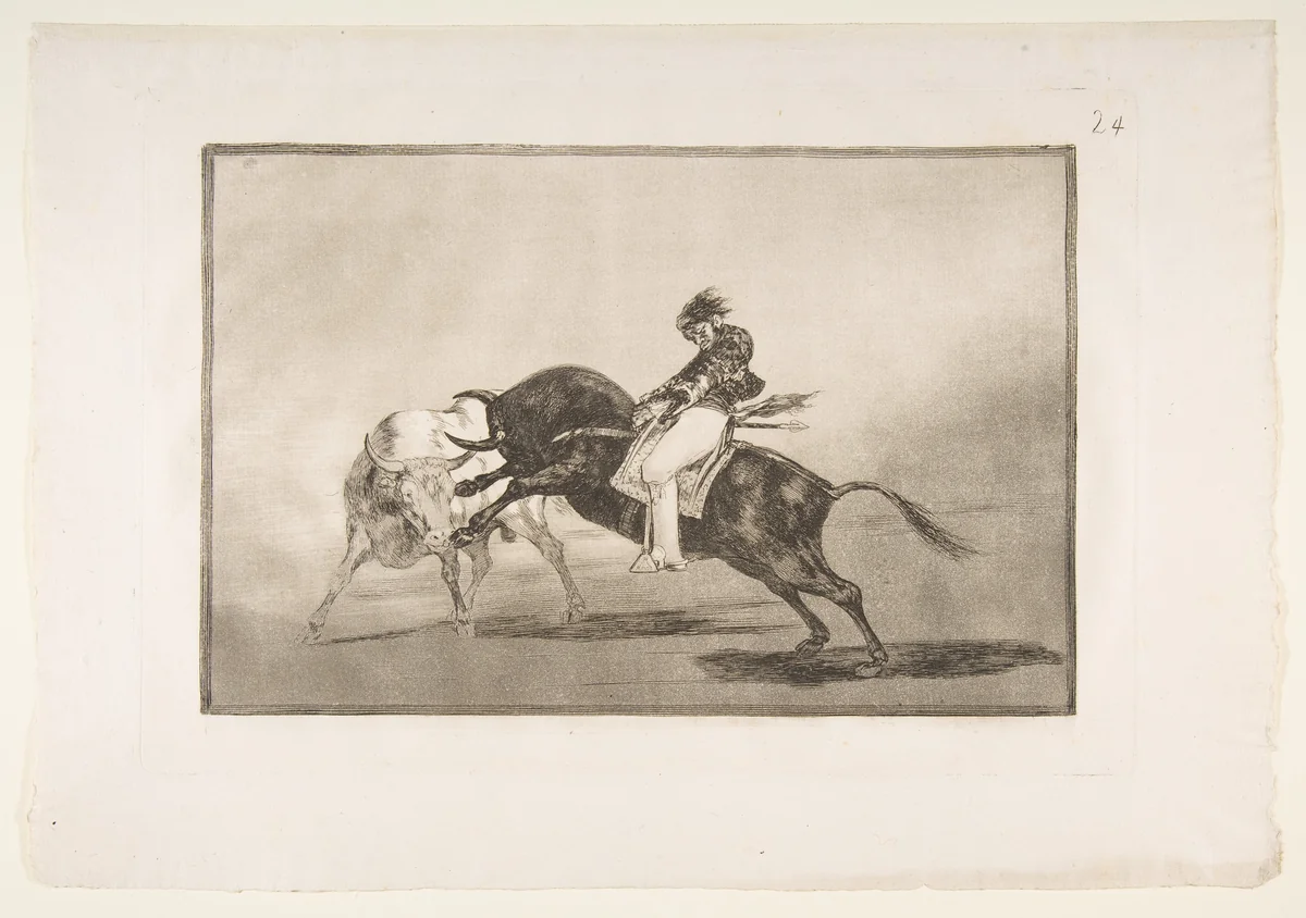 Plate 24 of "La Tauromaquia": The same Ceballos mounted on another bull breaks short spears in the ring at Madrid by Goya, print, 1816