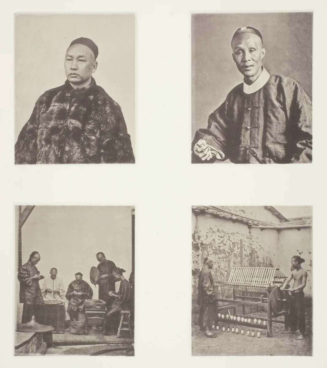 A Cantonese Gentleman; A Cantonese Gentleman; Schroffing Dollars; Reeling Silk by John Thomson, photograph, 1863-1873