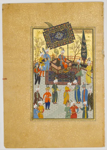 "Khusrau Seated on his Throne", Folio 64 from a Khamsa (Quintet) of Nizami of Ganja by Nizami, manuscript, 1500-1550