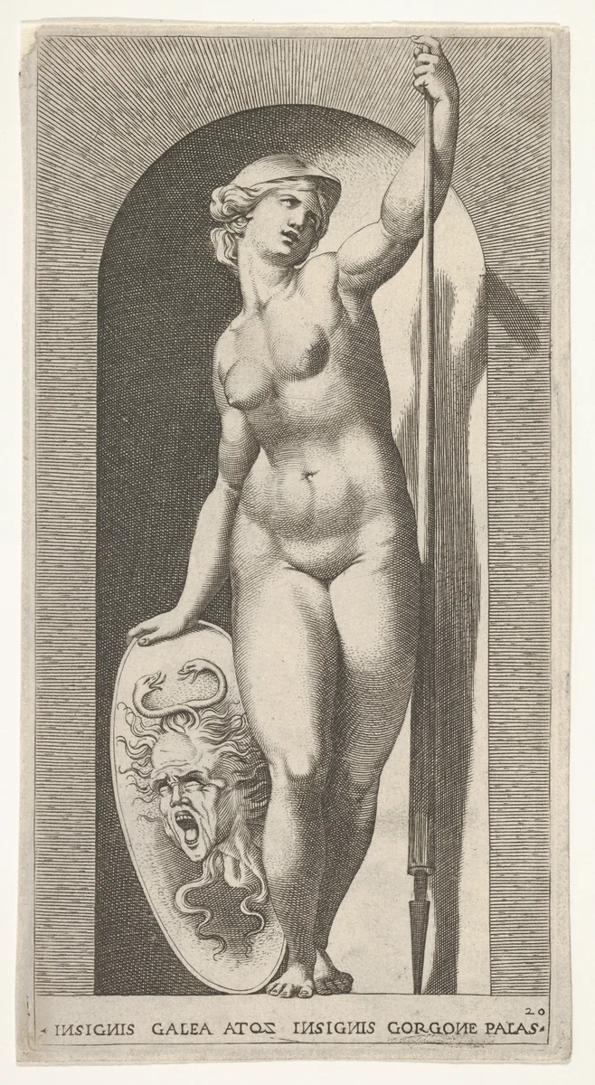 Plate 20: Pallas Athena holding a shield with Medusa's head in her right hand and a lance in her left hand, from a series of mythological gods and goddesses by Giovanni Jacopo Caraglio, print, 1526