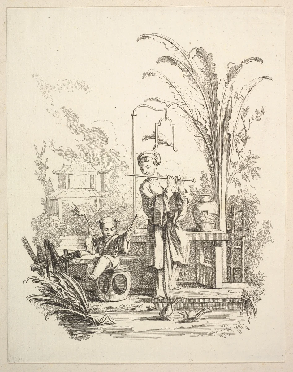 Flautist and a Child Timpanist by Gabriel Huquier, print, 1737-1747