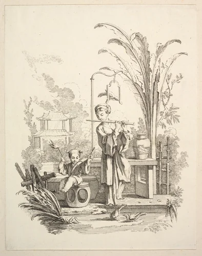 Flautist and a Child Timpanist by Gabriel Huquier, print, 1737-1747