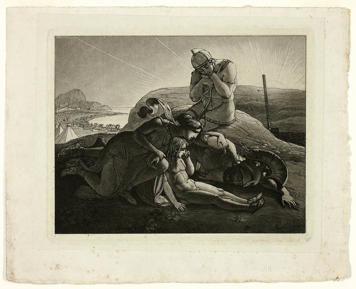 Tecmessa, Her Son and Teucer Lamenting the Dead Ajax by Carl Russ, print, 1809