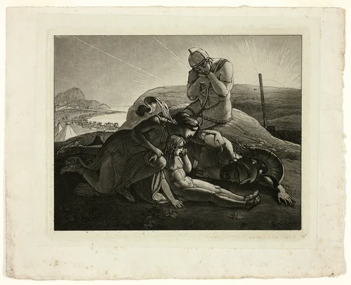 Tecmessa, Her Son and Teucer Lamenting the Dead Ajax by Carl Russ, print, 1809