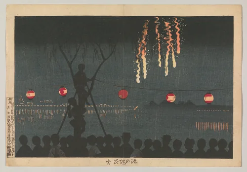 Fireworks at Ikenohata by Kobayashi Kiyochika, print, 1881