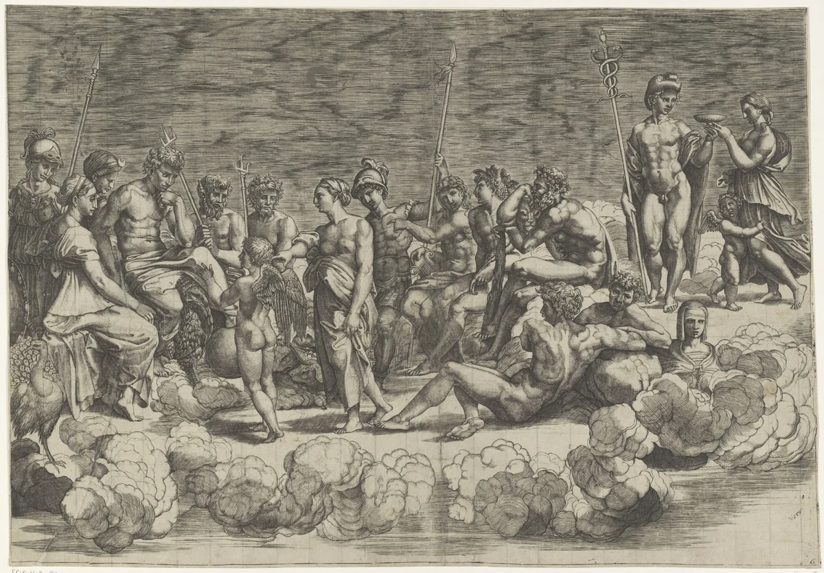 Verzameling der Goden op de Olympus by Giovanni Jacopo Caraglio, print, 1515-1565