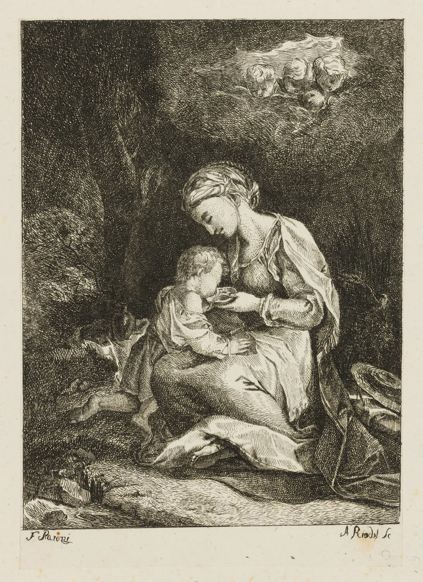 The Virgin and Christ Child in a rural landscape, with four putti gazing down through clouds, after Barocci by Johann Anton Riedel, print, 1756-1816