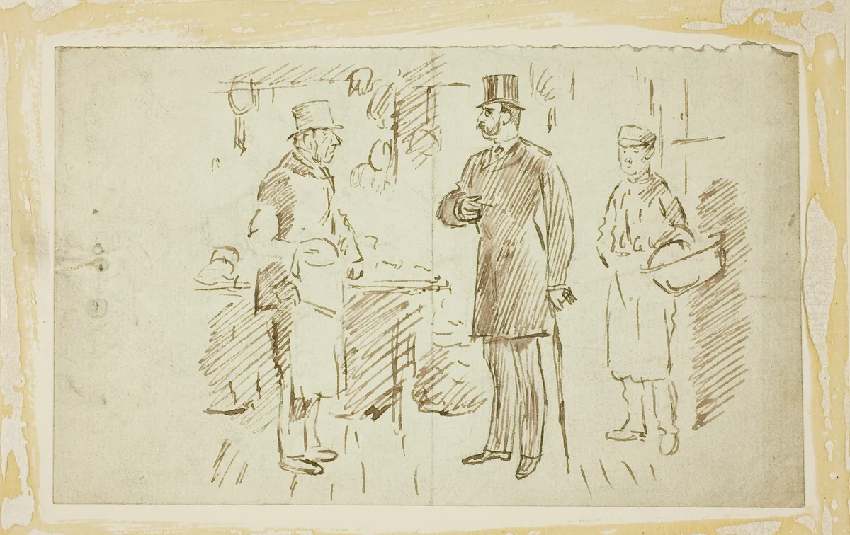 Gent in Tall Hat Addressing Butcher by Charles Samuel Keene, drawing, 1843-1891