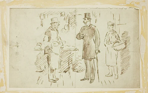 Gent in Tall Hat Addressing Butcher by Charles Samuel Keene, drawing, 1843-1891