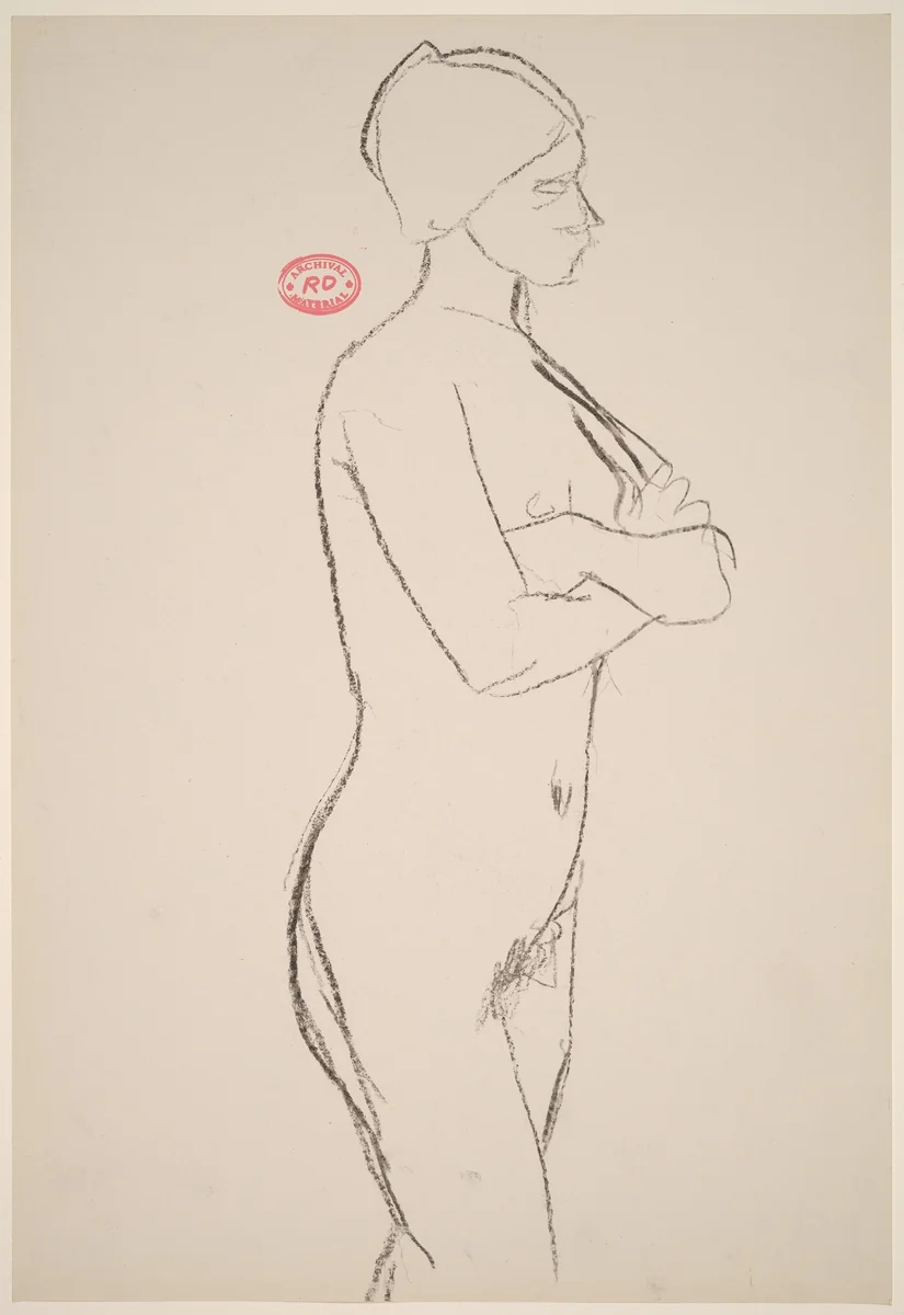Untitled [side view of standing female nude with arms crossed] by Richard Diebenkorn, drawing, 1955-1967