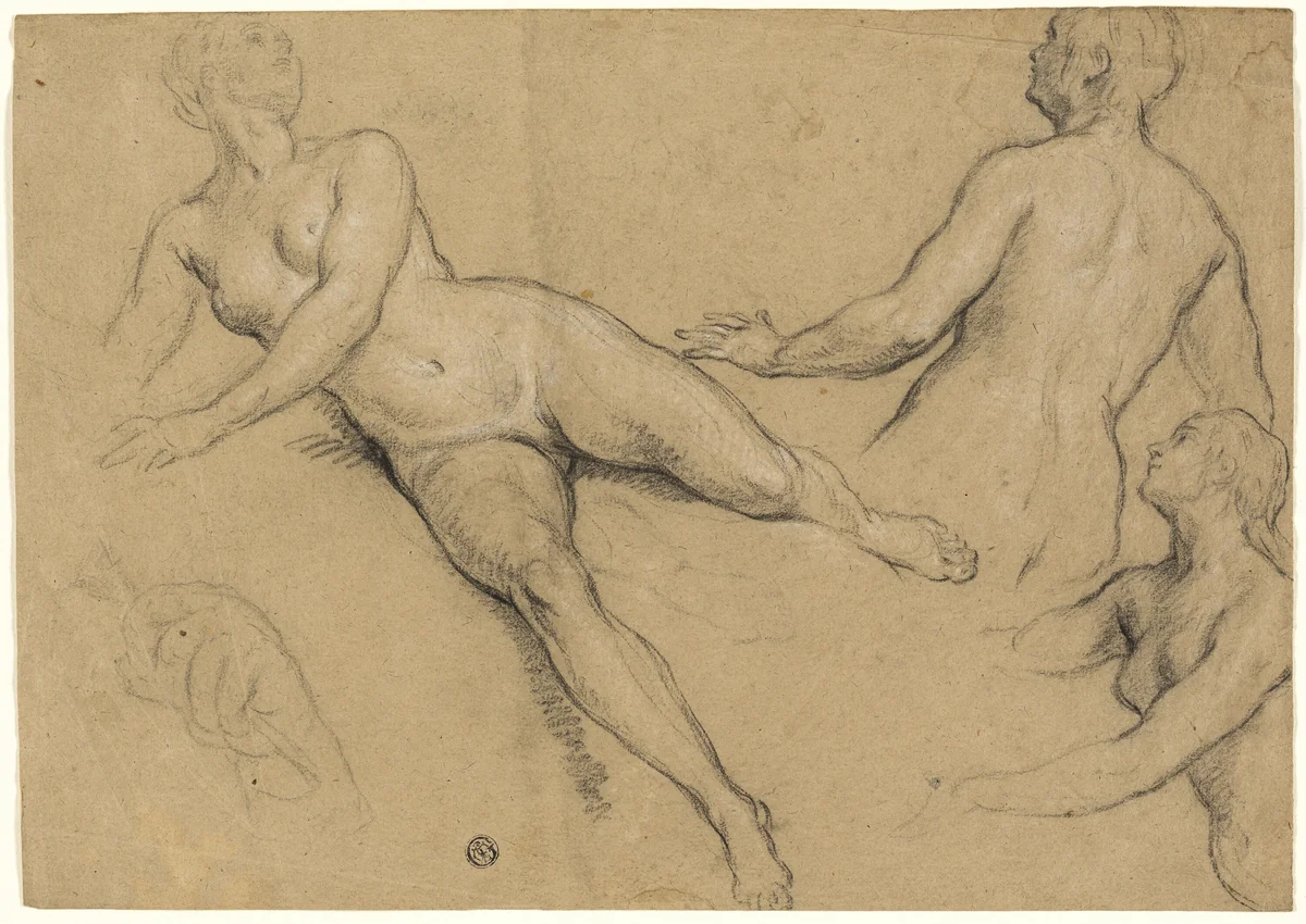 Sheet of Studies: Three Women and a Hand (recto); Sketches of Male Nudes, Heads and Hand (verso) by François Marot, drawing, 1686-1719