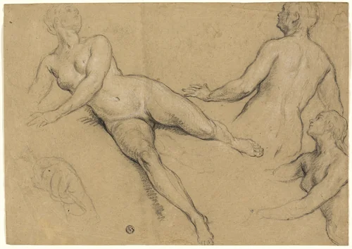 Sheet of Studies: Three Women and a Hand (recto); Sketches of Male Nudes, Heads and Hand (verso) by François Marot, drawing, 1686-1719