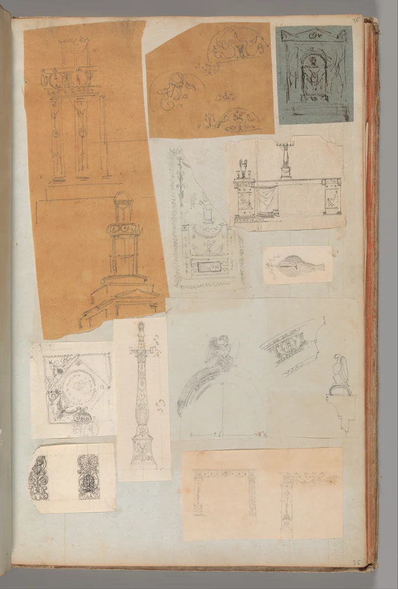 Page from a Scrapbook containing Drawings and Several Prints of Architecture, Interiors, Furniture and Other Objects by Charles Percier, book, 1795-1805