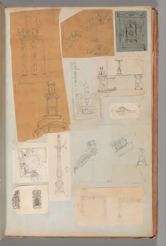 Page from a Scrapbook containing Drawings and Several Prints of Architecture, Interiors, Furniture and Other Objects by Charles Percier, book, 1795-1805
