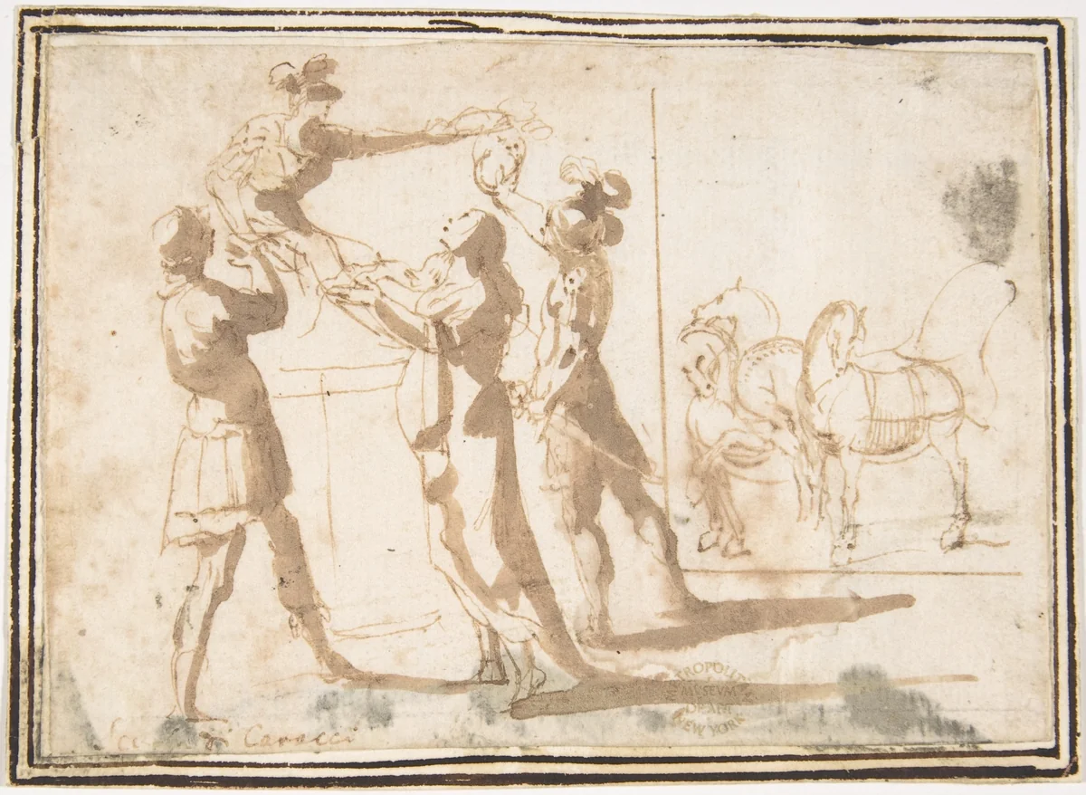 Enthroned Warrior Distributing Crowns by Francesco Allegrini, drawing, 1624-1663