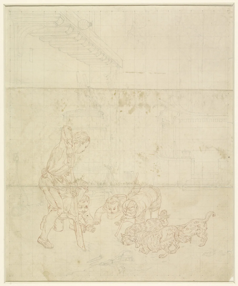 Kinderen met honden op zoek naar een dier in de grond by Gottfried Mind, drawing, 1778-1814