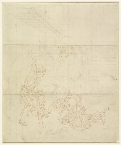 Kinderen met honden op zoek naar een dier in de grond by Gottfried Mind, drawing, 1778-1814