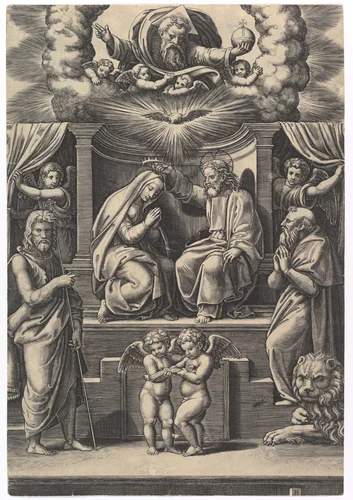 The Coronation of the Virgin, at lower left stands St John the Baptist, at lower right St Jerome, God the father above by Master of the Die, print, 1530-1560