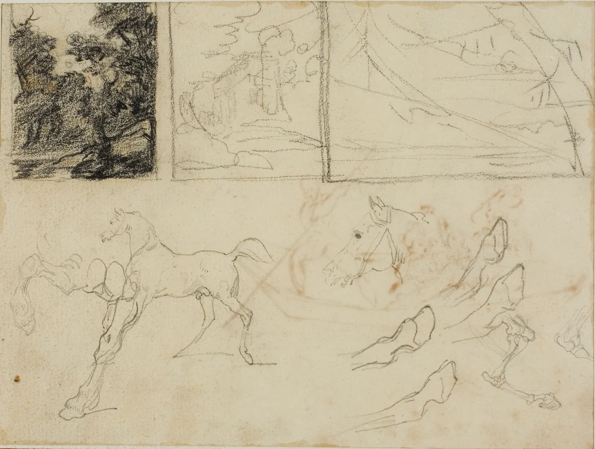Sheet of Sketches: three Landscapes, Horses, and Hooves by Jean Louis André Théodore Géricault, drawing, 1813-1814